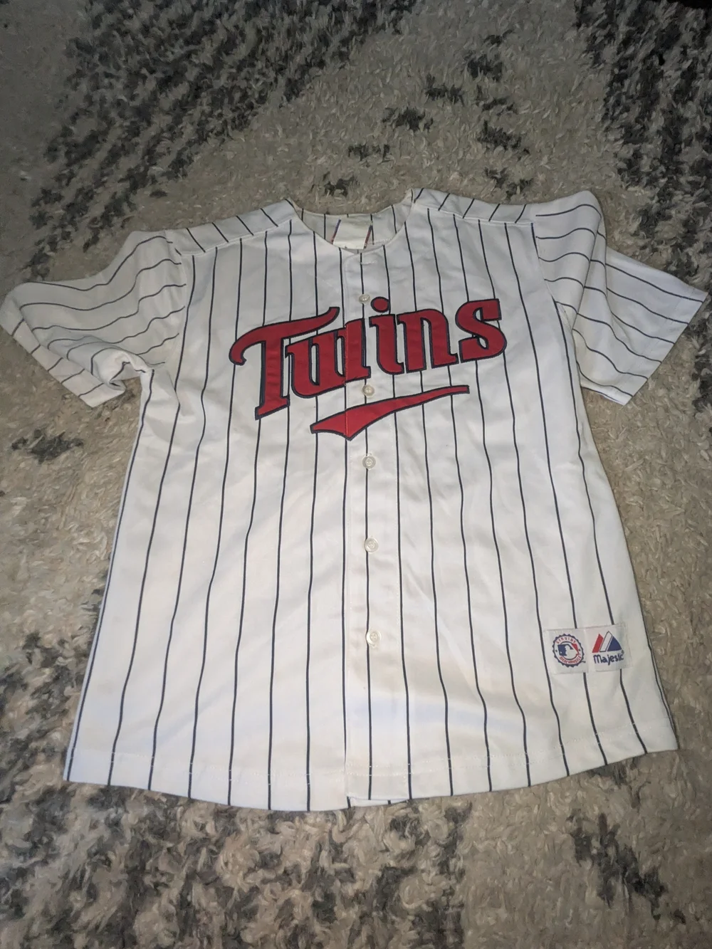 Majestic White Pinstripe Twins Baseball Jersey with Red Logo
